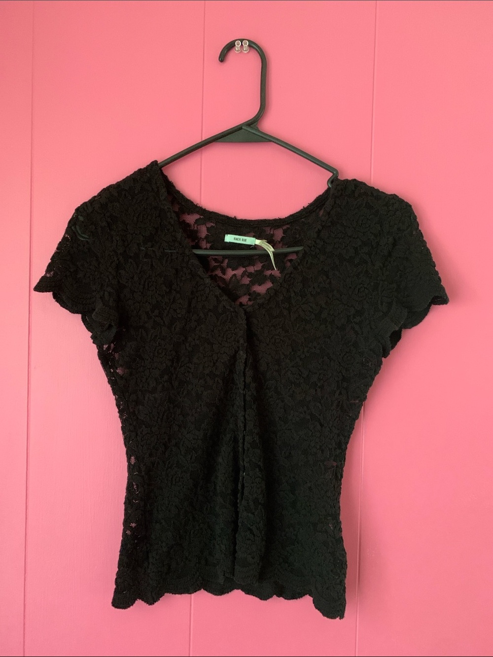 Kimchi Blue Sheer Black Floral Lace Short Sleeve Button Front Top